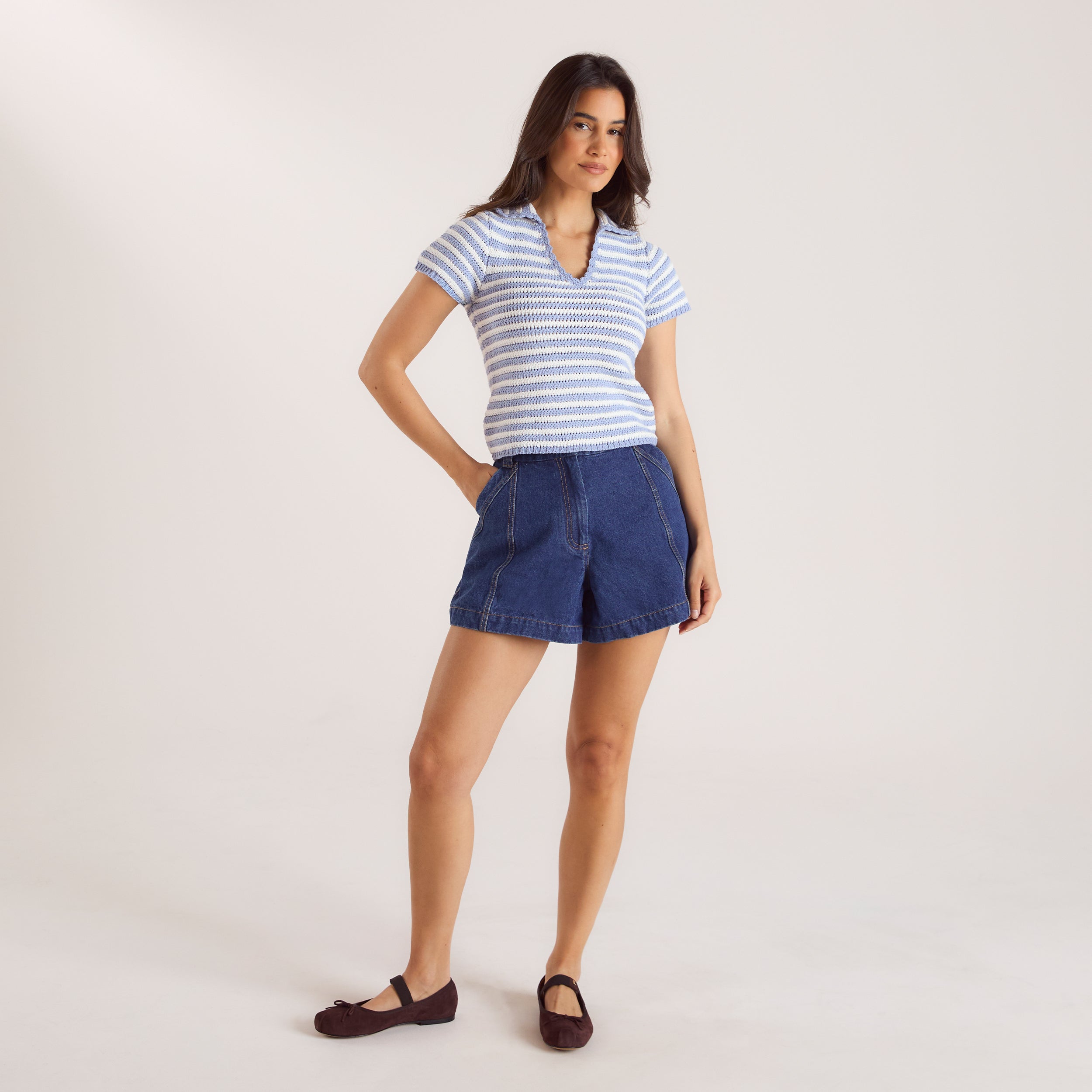 Wide-Hem Denim Shorts - Blue