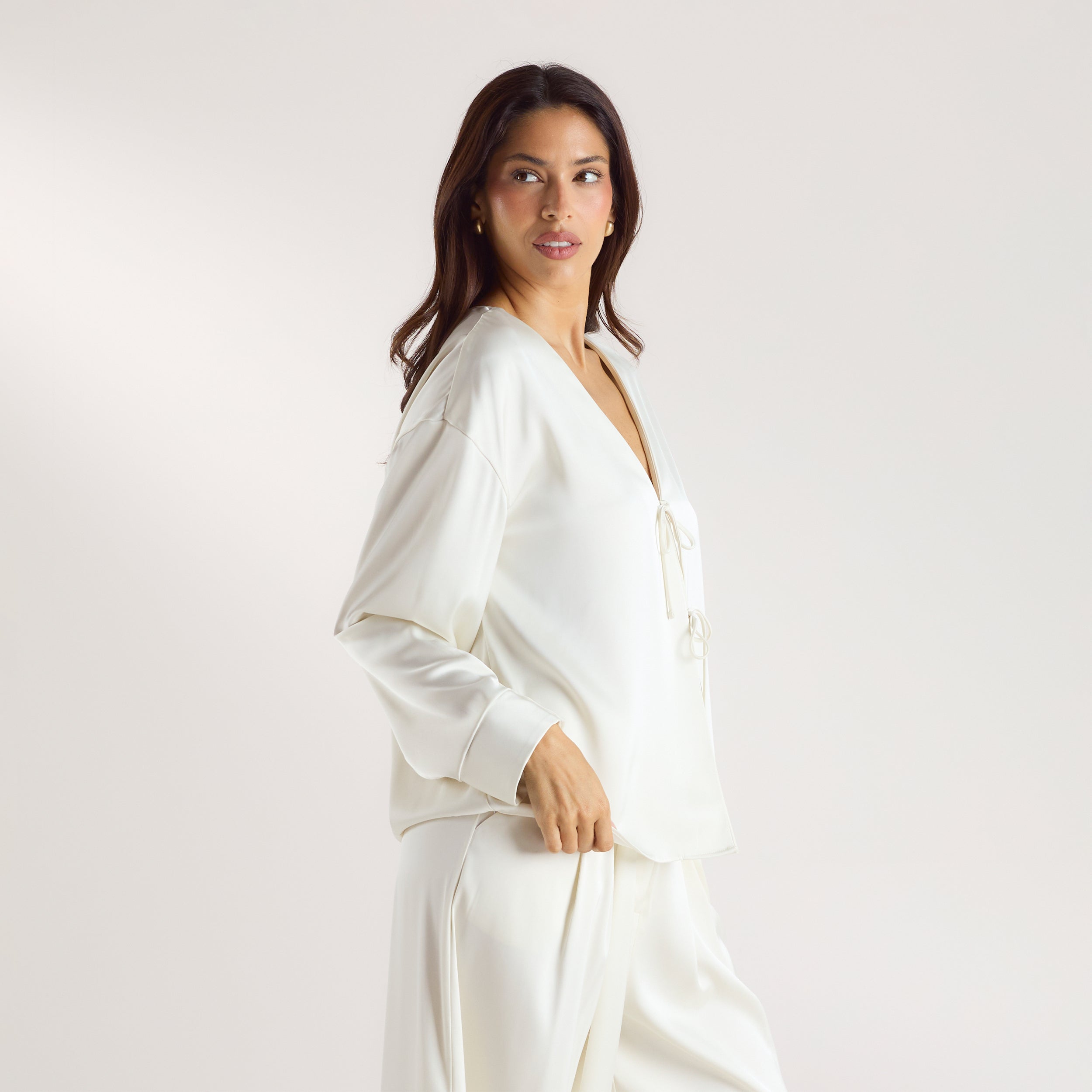 Mimi Long-Sleeved Satin Tie Shirt - Cream