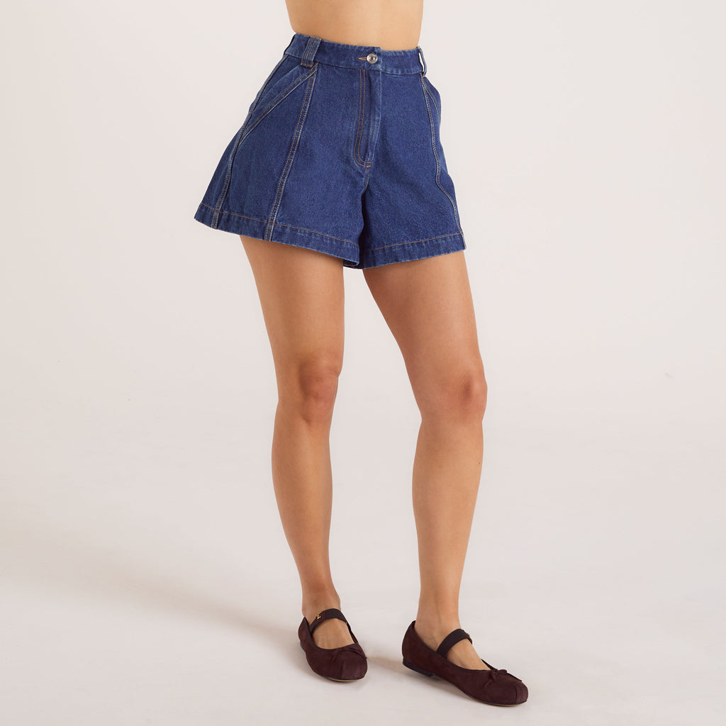 Wide-Hem Denim Shorts - Blue