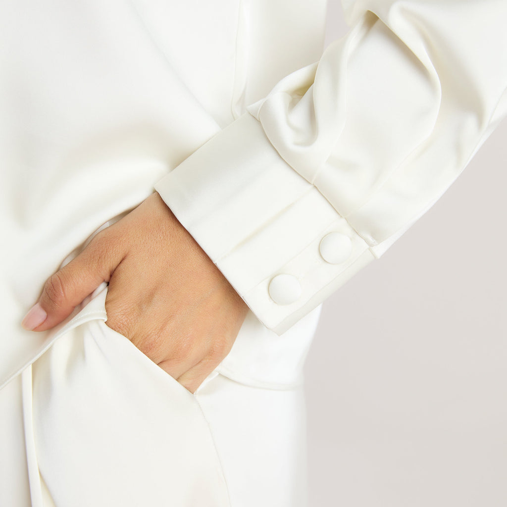 Mimi Long-Sleeved Satin Tie Shirt - Cream